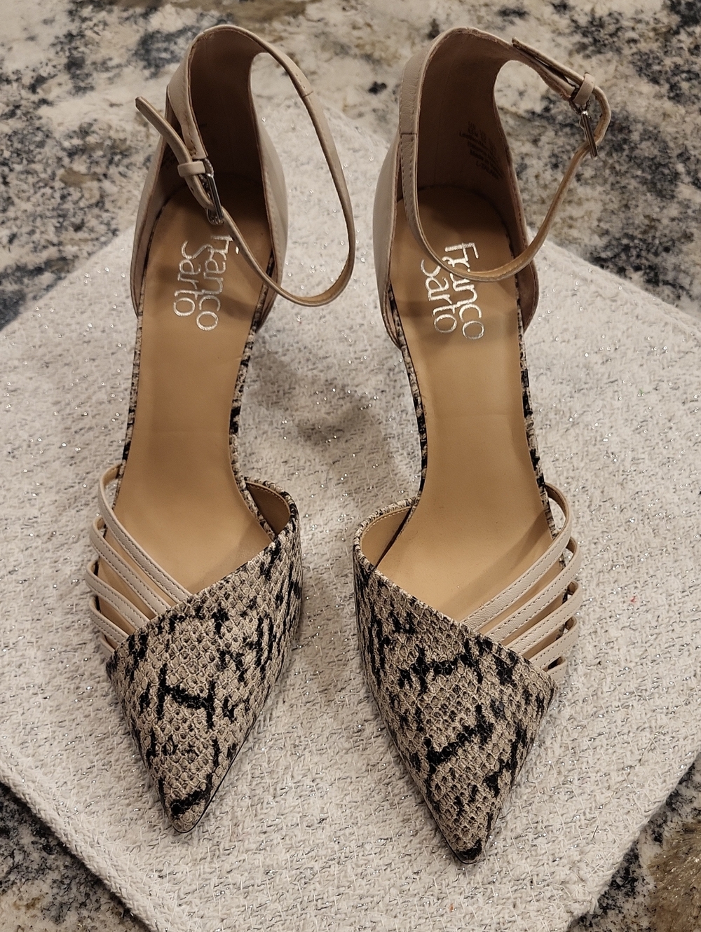 Franco Sarto Beige and Black Snake-Print Pointed Toe Ankle Strap Heels